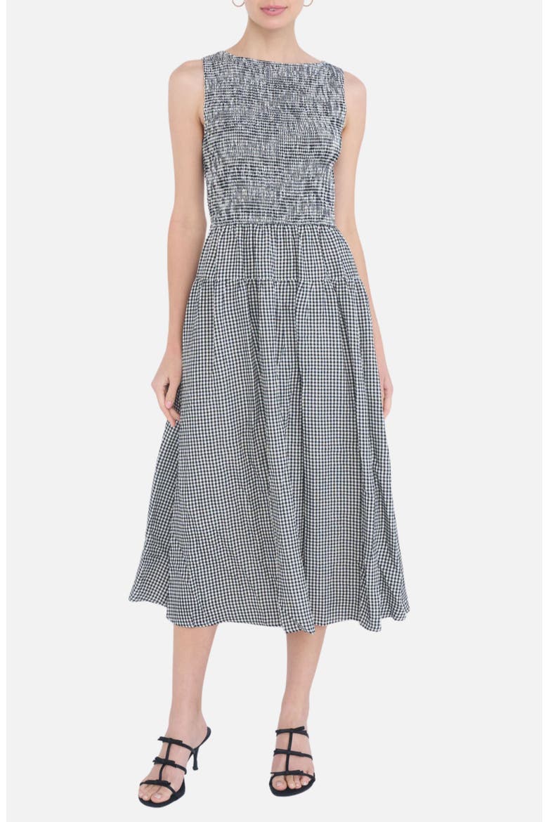 Gingham Smocked Midi Dress, Main, color, BLACK