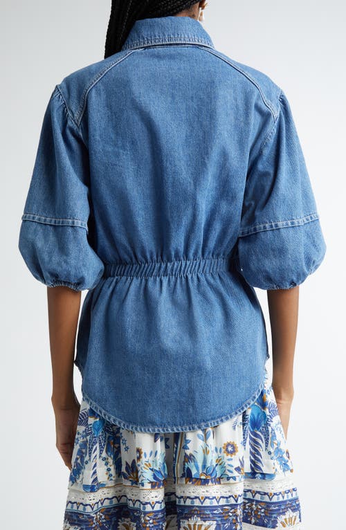 Farm Rio Puff Sleeve Denim Shirt In Blue
