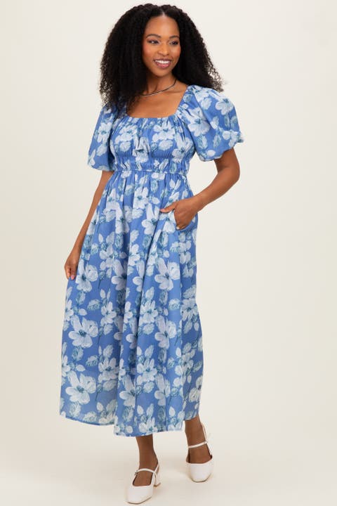 Multi Printed Floral Square Neck Midi Dress
