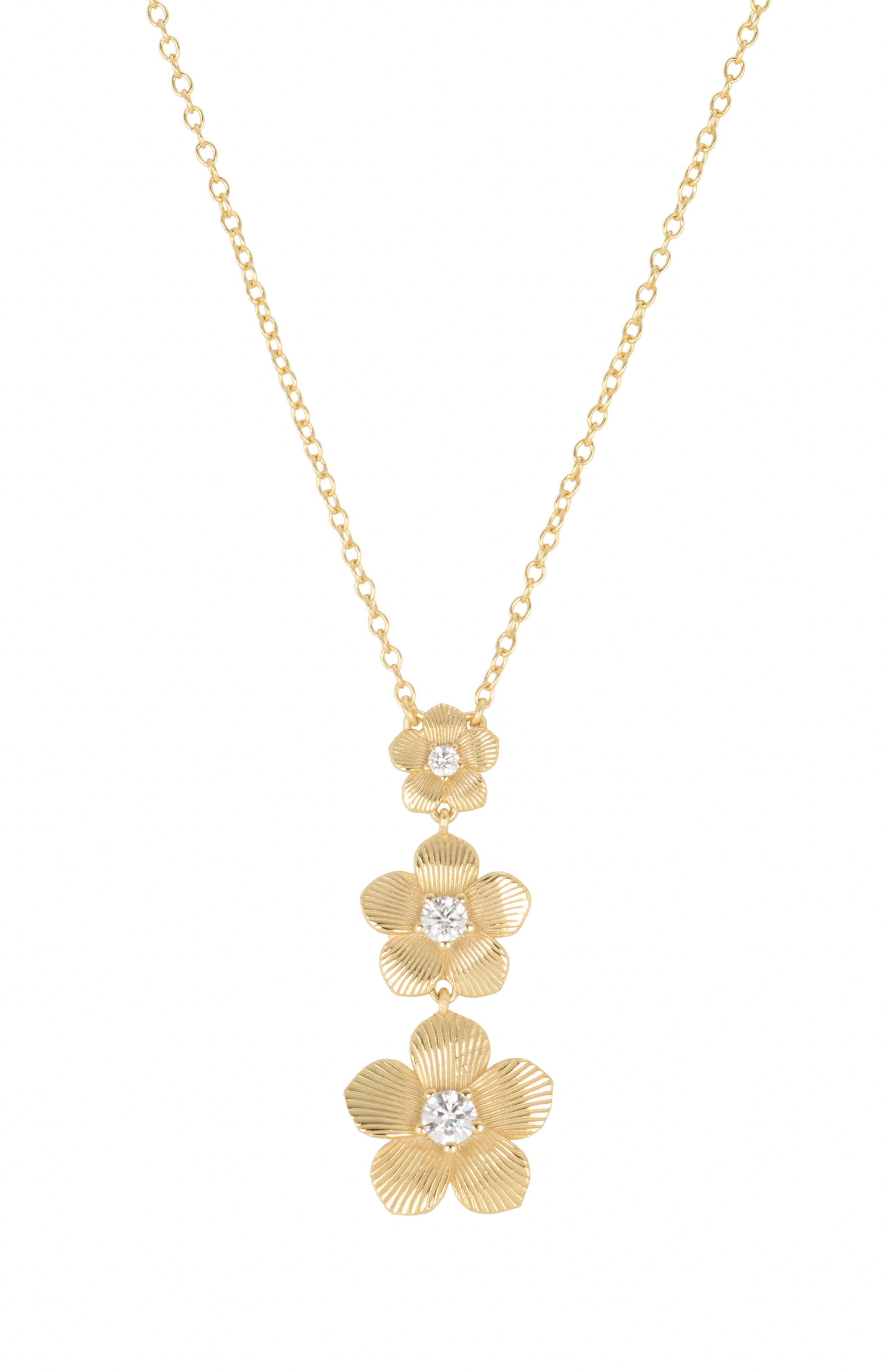 Athra Luxe Triple Flower Cubic Zirconia Drop Necklace In Gold
