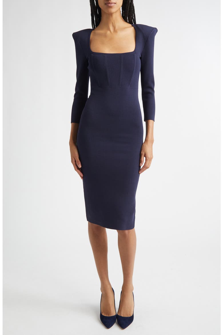 Mary Padded Shoulder Corset Knit Midi Dress, Main, color, MIDNIGHT/ GOLD