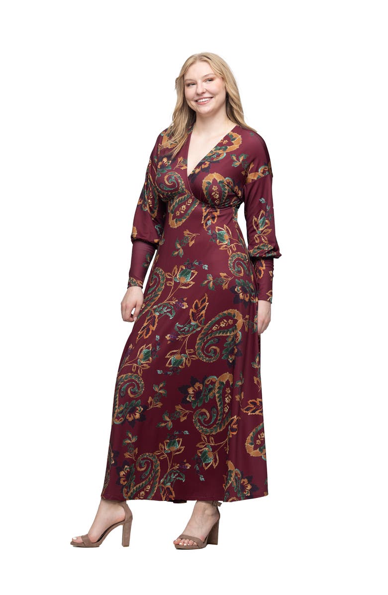 24seven Comfort Apparel Paisley Print Bishop Sleeve A Line Maxi Dress, Alternate, color, Burgundy Multi