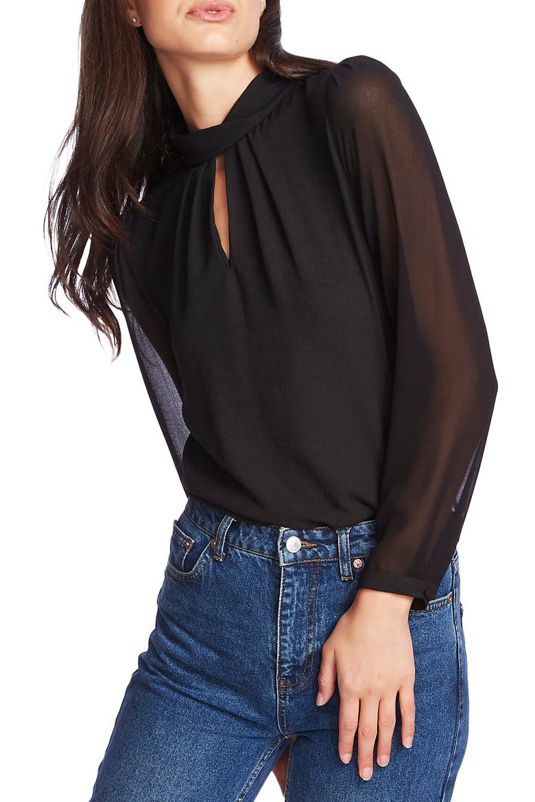 Keyhole Neck Sheer Sleeve Blouse, Alternate, color, RICH BLACK