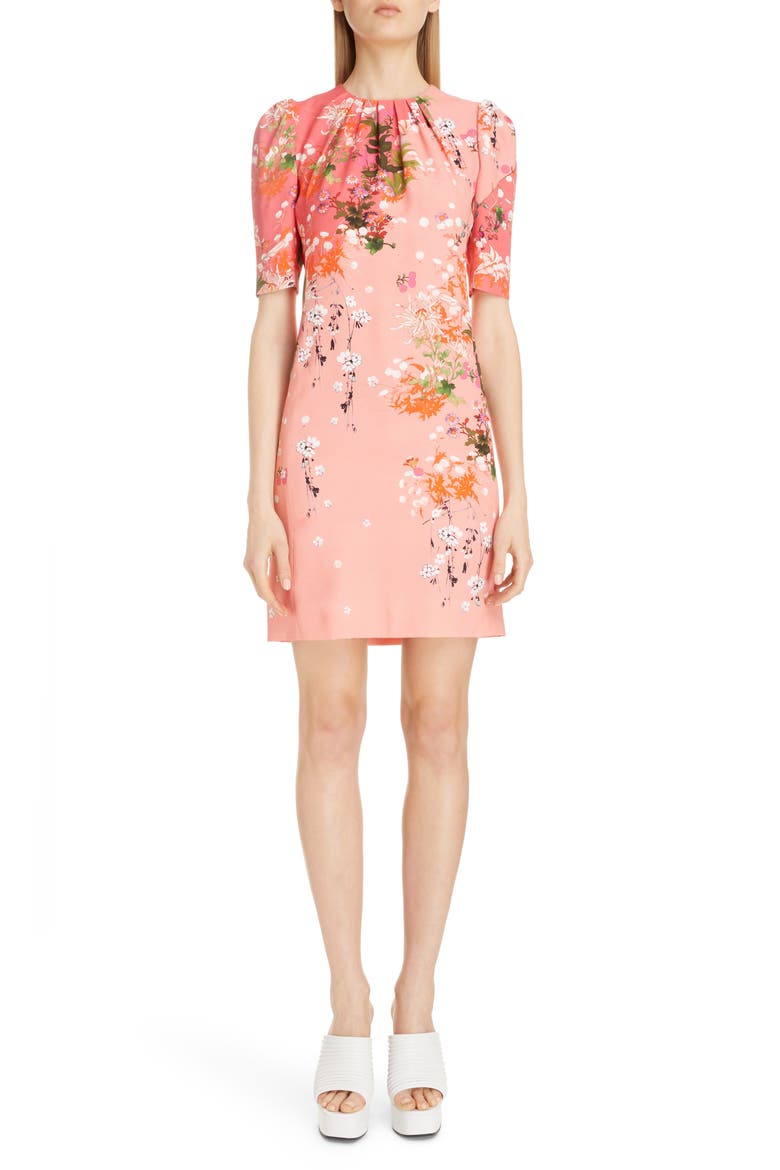 Gathered Neck Floral Print Crepe Dress, Main, color, DARK PINK