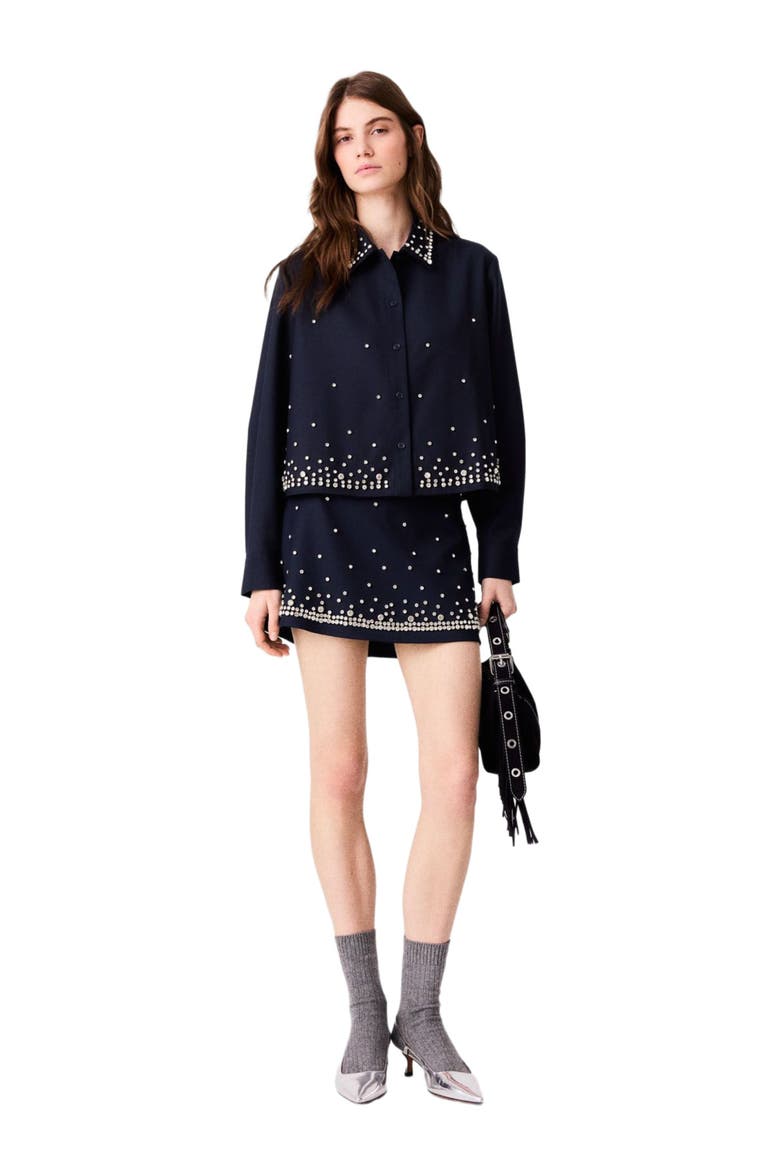 Short Rhinestone Embroidered Shirt, Main, color, Navy