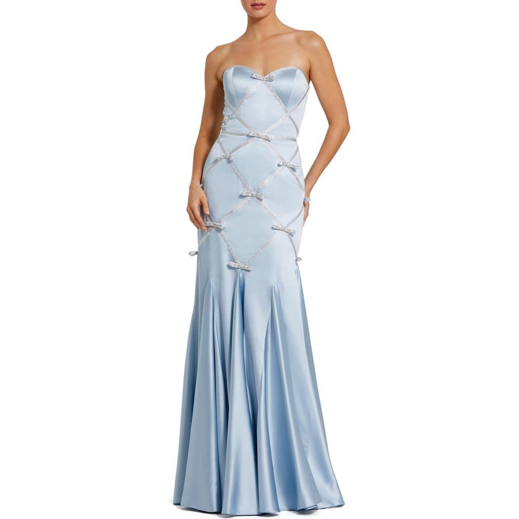 Mac Duggal Strapless Satin Mermaid Gown With Bow Details In Powder Blue Silver
