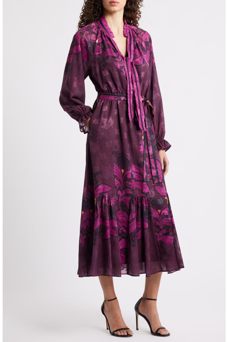 Natalie Metallic Mixed Print Long Sleeve Dress, Main, color, BURGUNDY MULTI