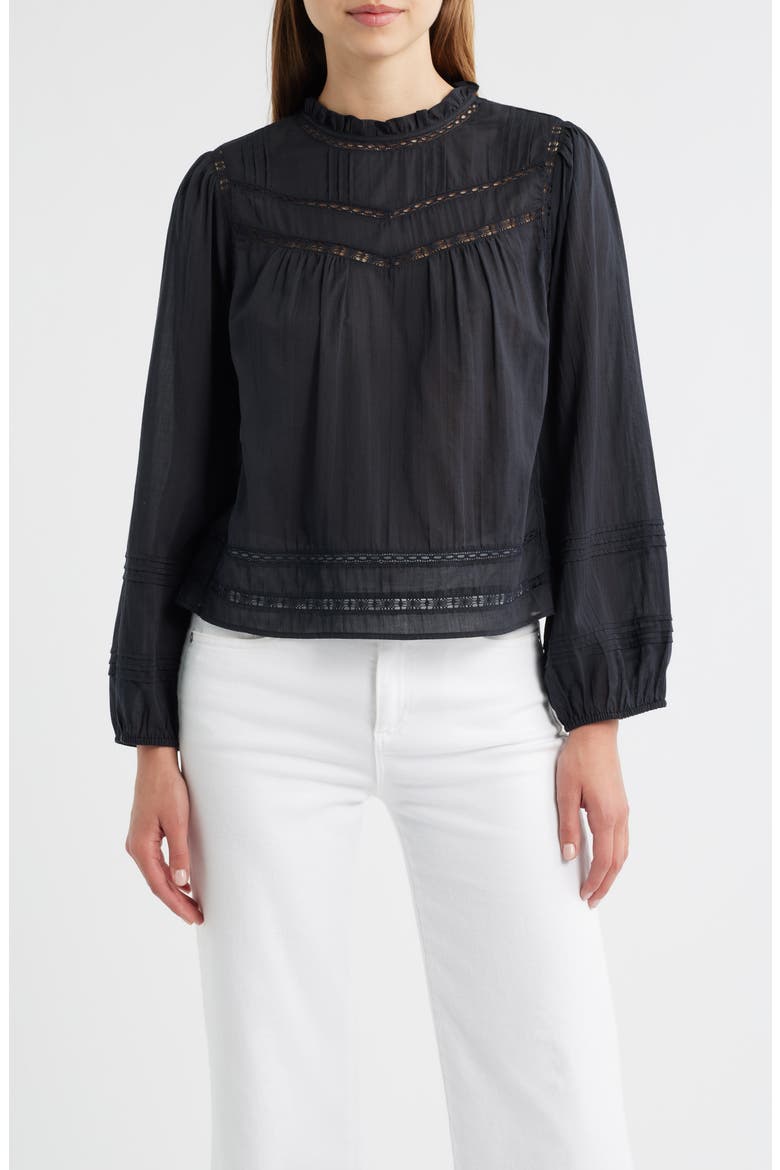 Reyna Lace Inset Cotton Peasant Top, Main, color, BLACK