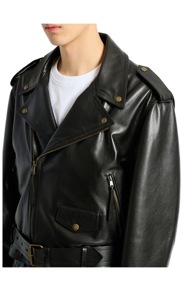 Textured leather biker jacket, Alternate, color, black
