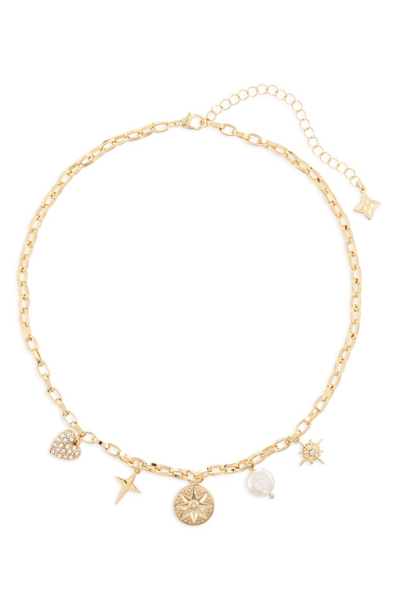 Panacea Crystal & Faux Pearl Charm Necklace, Main, color, Gold