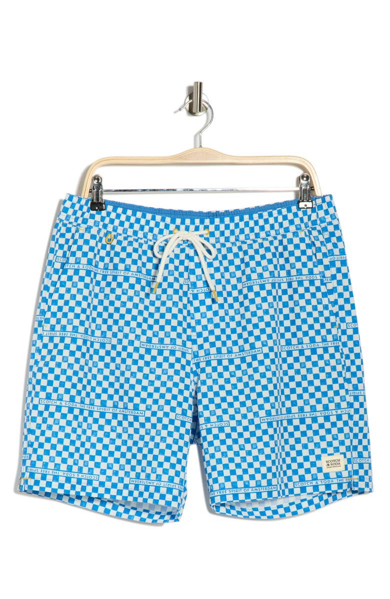 Scotch & Soda Checker Print Swim Trunks, Alternate, color, Campanula