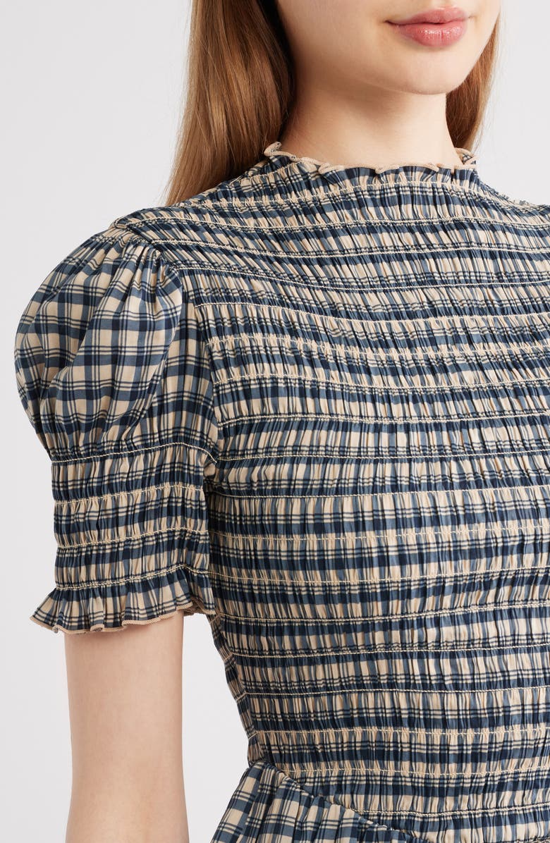 Reformation Aggie Smocked Ruffle Hem Top, Alternate, color, Beacon Check
