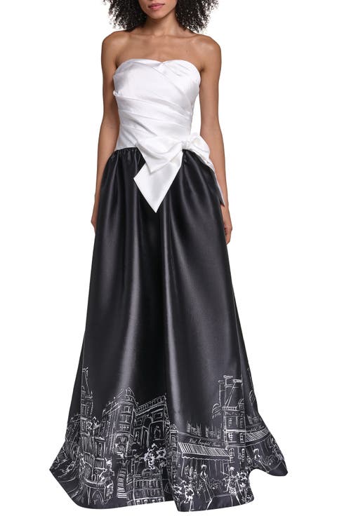 Paris Graphic Strapless Satin Gown