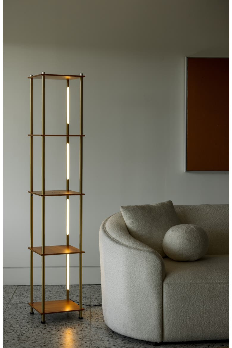 Aria 63" Touch LED Wood Shelf Floor Lamp with Wireless Charging Pad, Alternate, color, Antique Brass