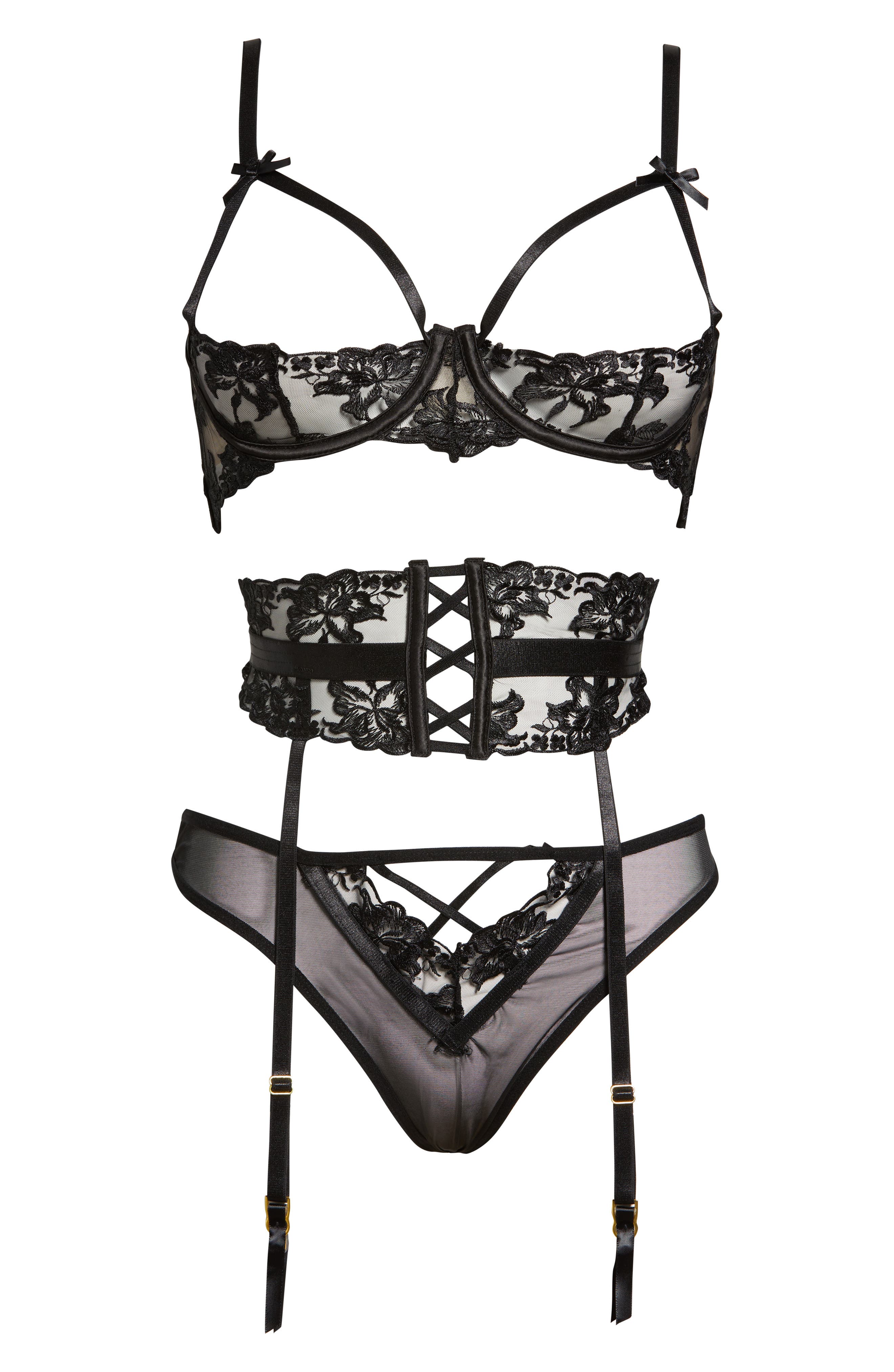 Embroidered Open Cup Underwire Bra, Panties & Garter Set (Women ...
