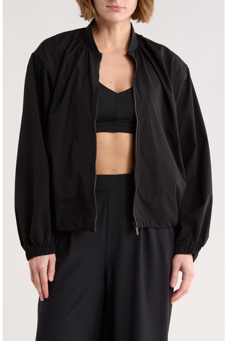 Inbound Ruched Bomber Jacket, Main, color, BLACK