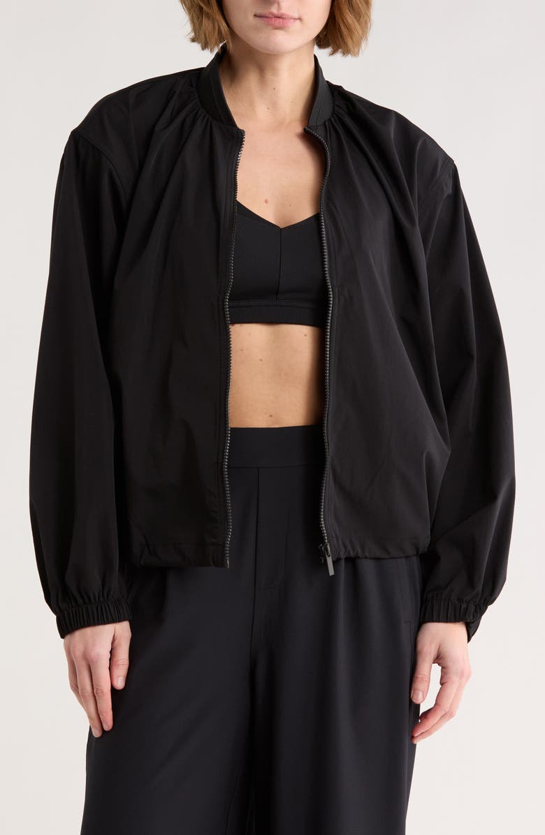 Z by Zella Inbound Ruched Bomber Jacket, Main, color, Black