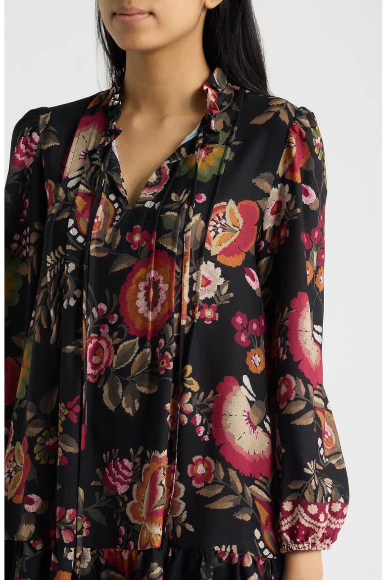 Floral Print Split Neck Dress, Alternate, color, BLACK MULTI