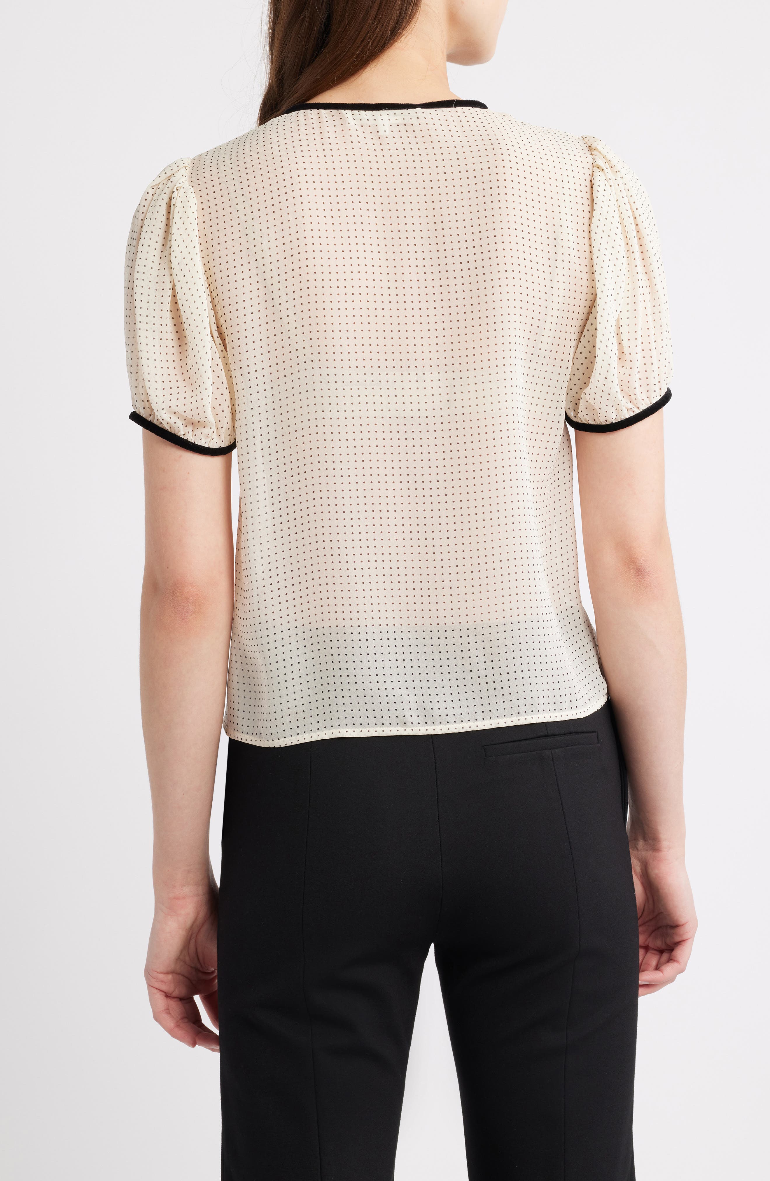 Polka Dot Tie Front Puff Sleeve Semisheer Silk Top - image 2