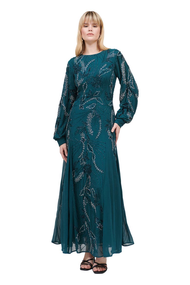 Modest Embellished Sequin Beaded Maxi Dress With Cuff Sleeves, Main, color, EMERALD GREEN