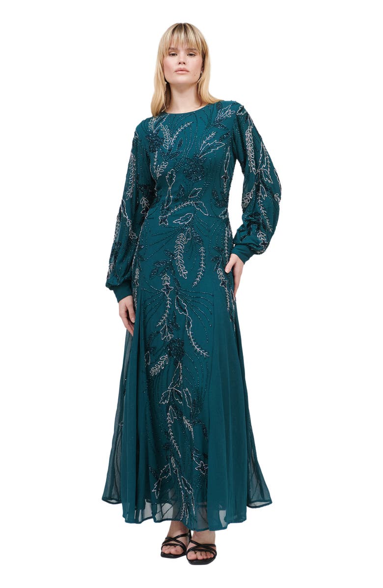 MARYISA Modest Embellished Sequin Beaded Maxi Dress With Cuff Sleeves, Main, color, Emerald Green