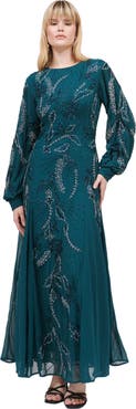 MARYISA Modest Embellished Sequin Beaded Maxi Dress With Cuff Sleeves