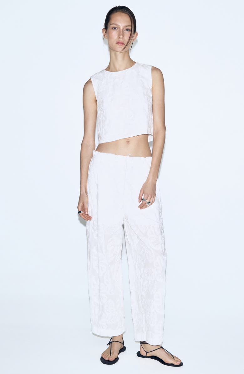 MANGO Floral Jacquard Cotton Drawstring Ankle Pants, Alternate, color, White