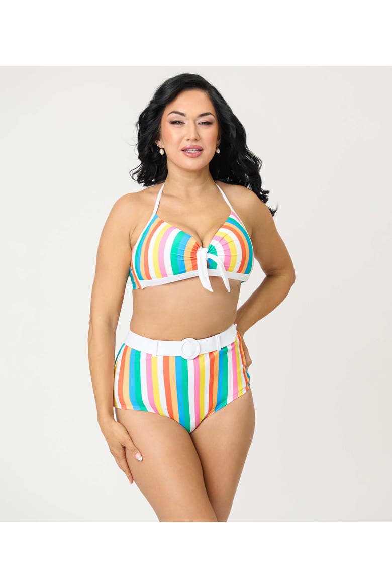 Bow Halter Swim Top, Alternate, color, Blue Rainbow Stripe