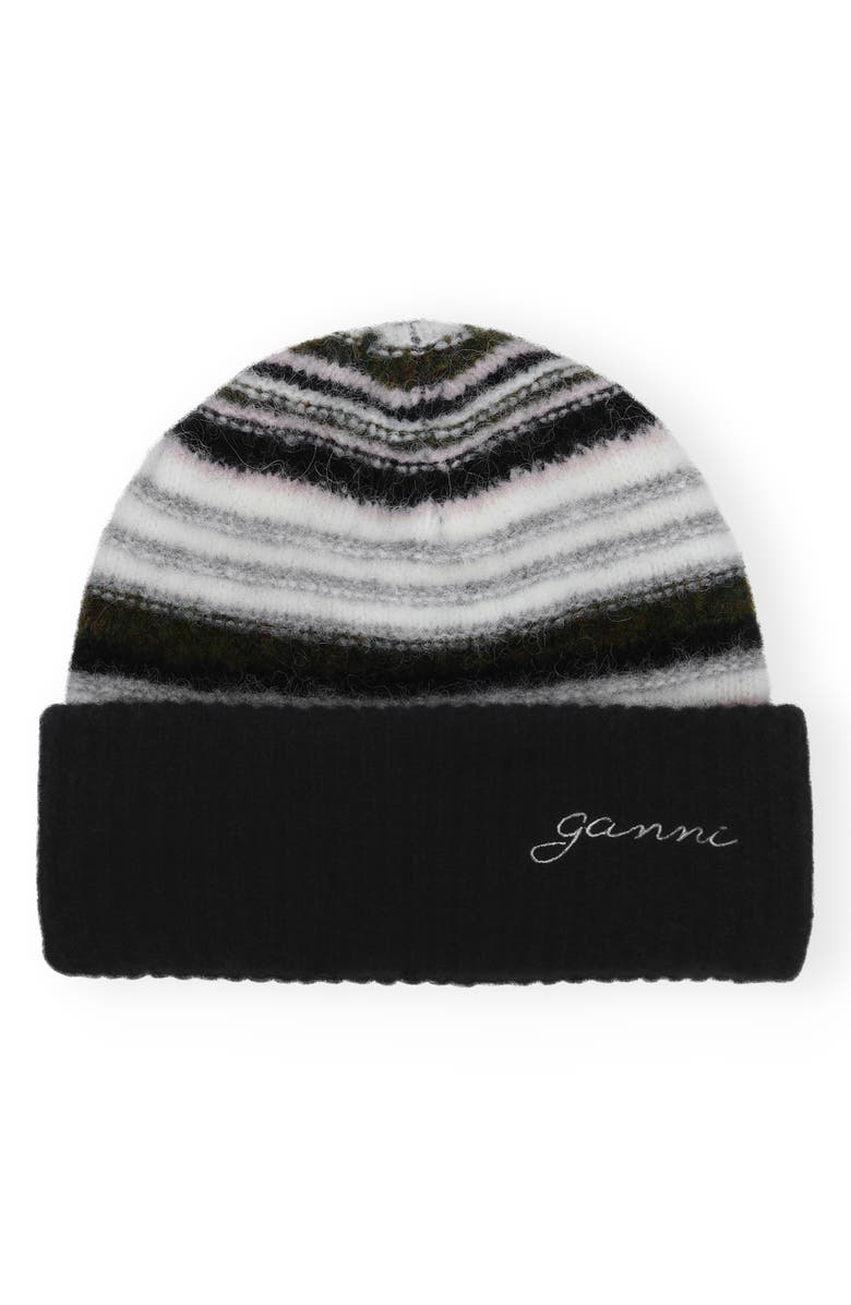 Ganni Stripe Alpaca & Wool Blend Beanie, Main, color, 