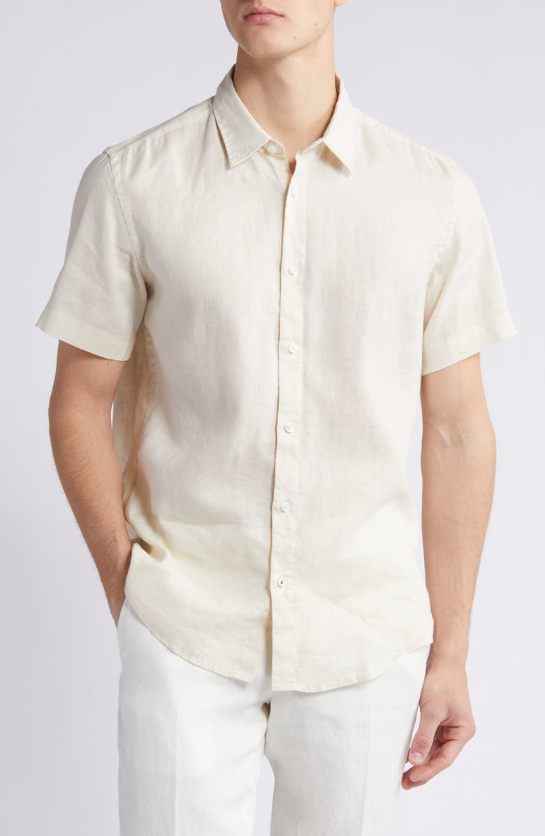 BOSS Liam Slim Fit Solid Short Sleeve Linen Blend Button-Up Shirt, Main, color, 