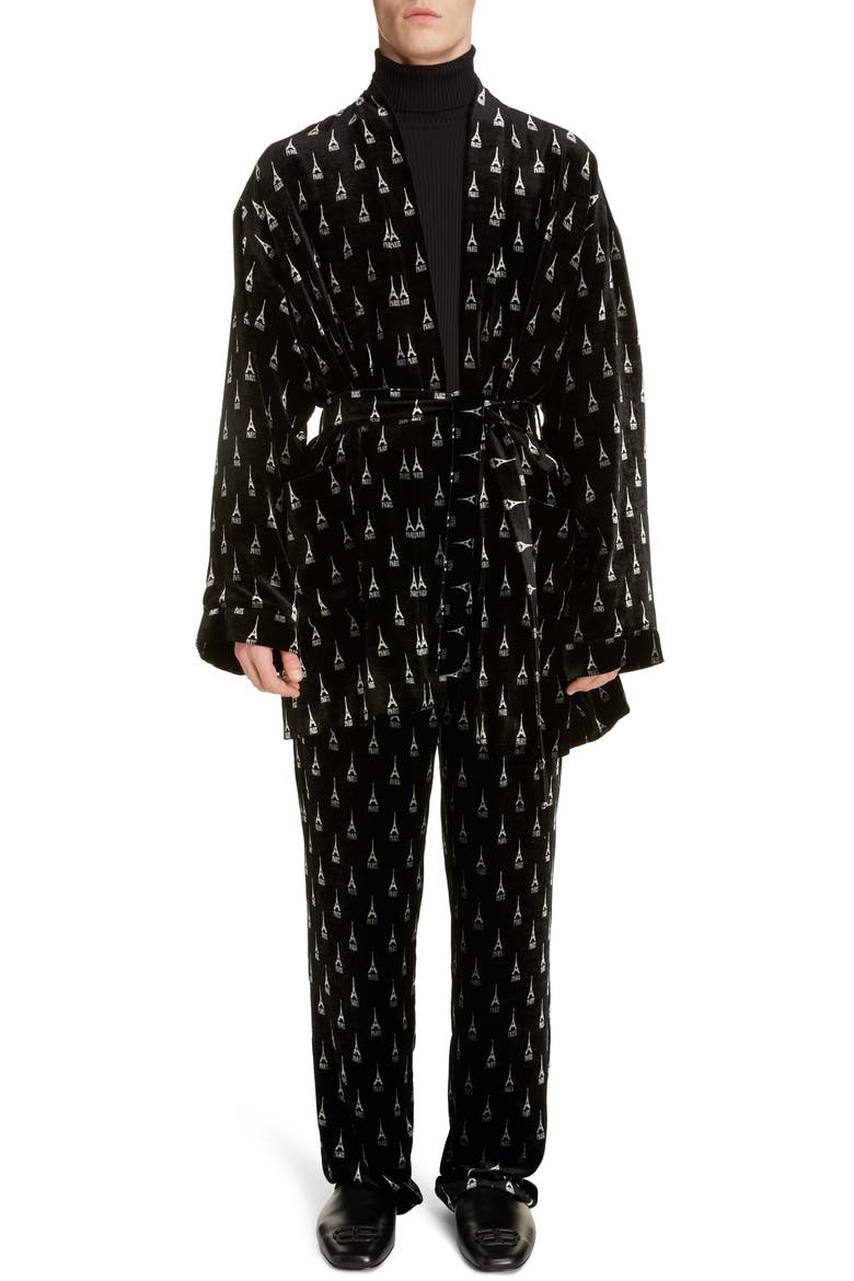 Eiffel Tower Velvet Pyjama Jacket, Alternate, color, BLACK
