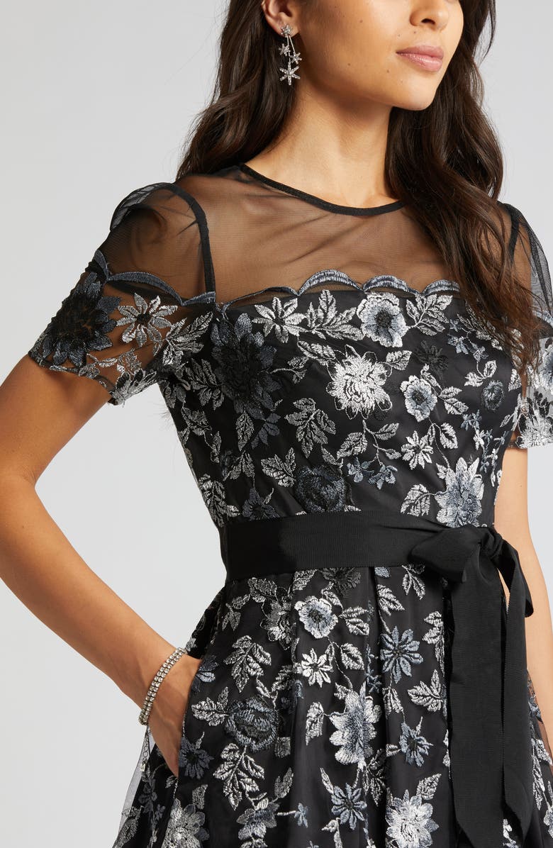 Eliza J Floral Embroidered Sheer Yoke Cocktail Midi Dress, Alternate, color, 
