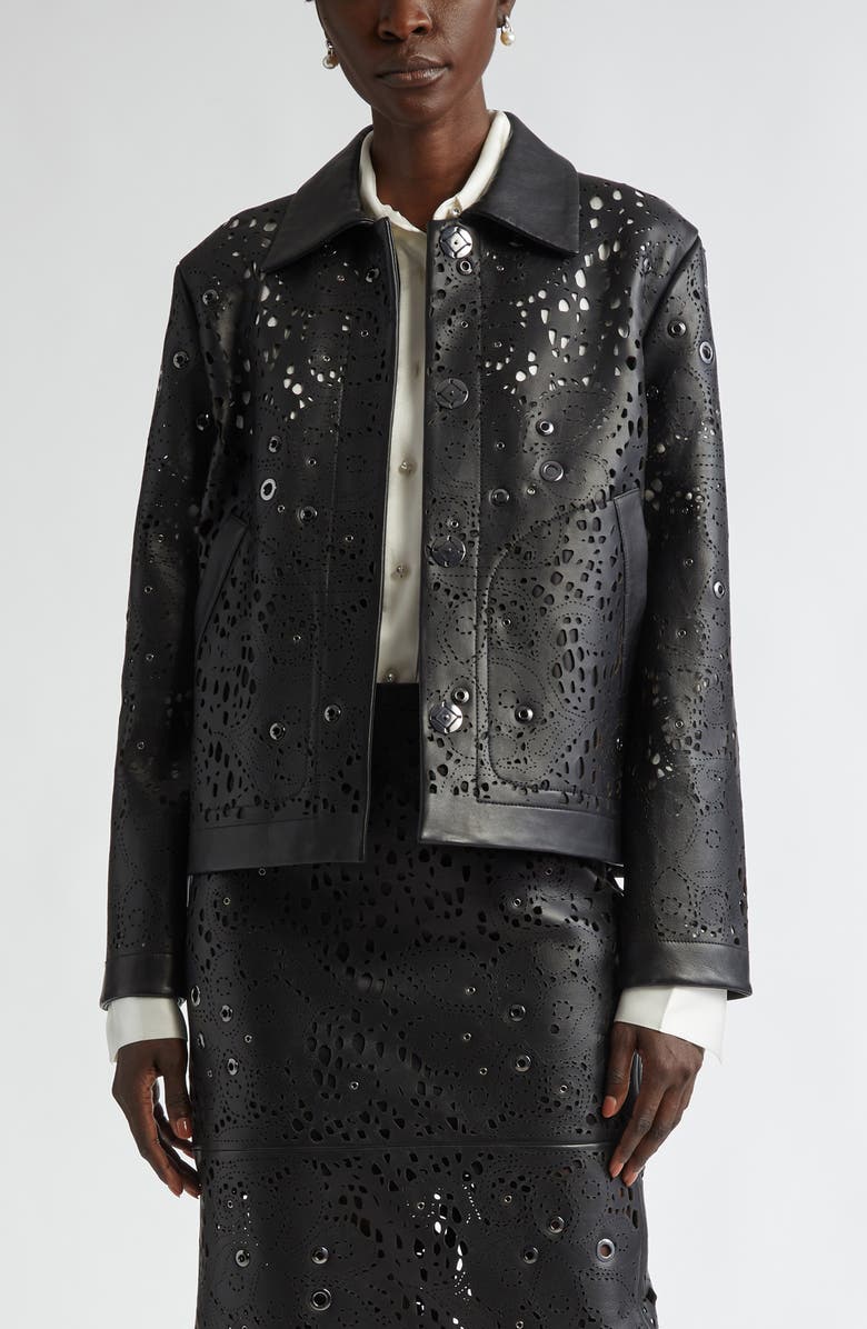 ST. JOHN Grommet Embellished Laser Cut Leather Jacket, Main, color, 