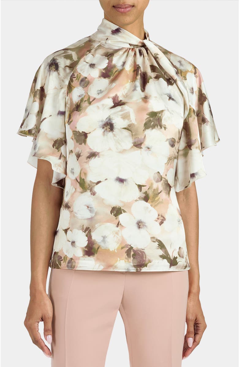 Santorelli Joyce Mock Neck Blouse in Floral Georgette, Main, color, Peach Whip