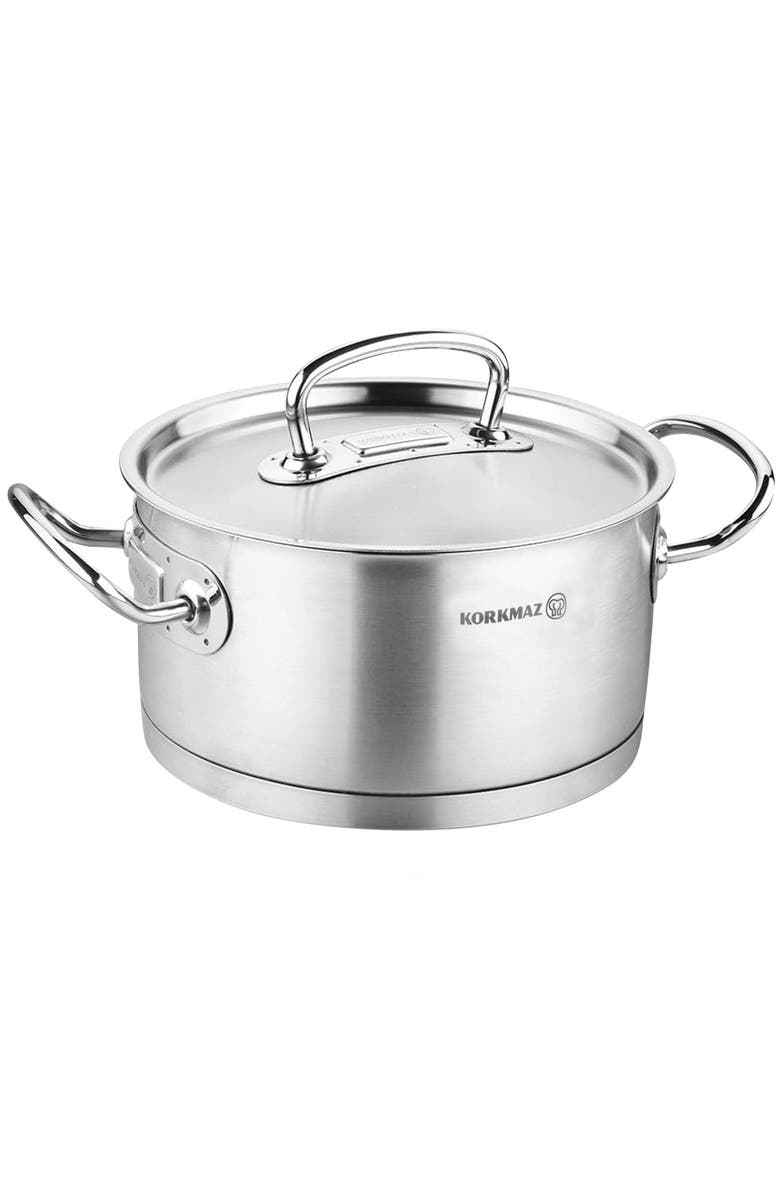 Korkmaz Proline Professional Series 1.5 Liter Stainless Steel Low Casserole with Lid, Main, color, Metallic Silver