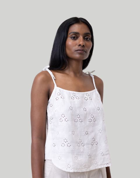 Women's Tie-up Embroidered Camisole Top - White - Large