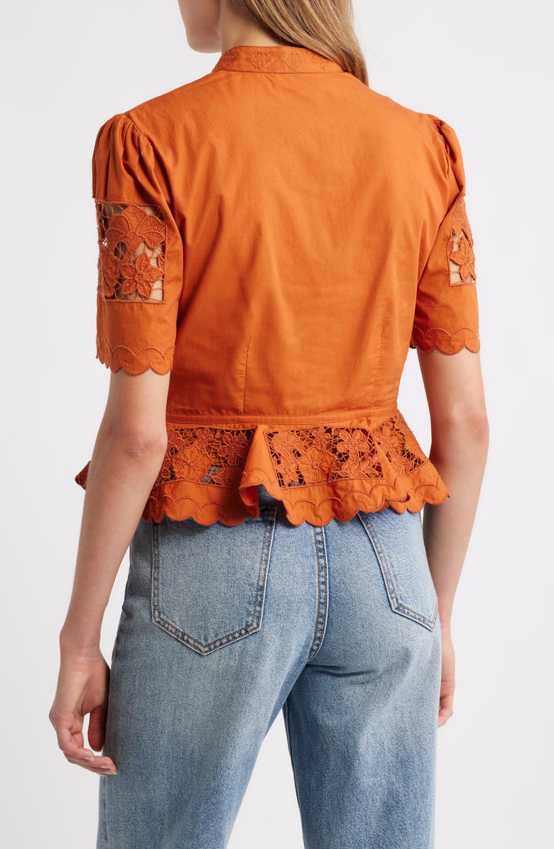 LOVE THE LABEL Elizabeth Openwork Lace Short Sleeve Button-Up Shirt, Alternate, color, Cinnamon
