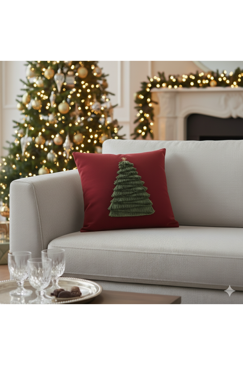 Fraser Fir Handmade Applique Woven Accent Holiday Pillow, Alternate, color, Ruby