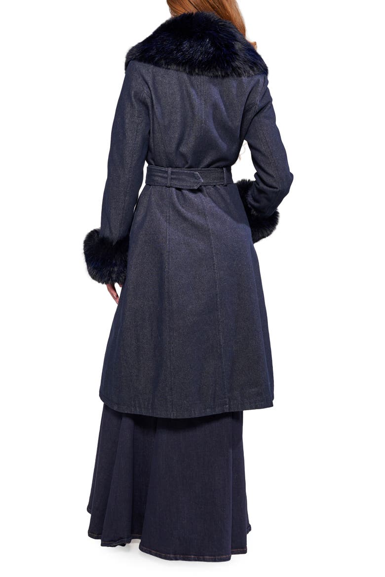 Kaya Faux Leather Trench Coat with Faux Fur Trim, Alternate, color, DARK DENIM