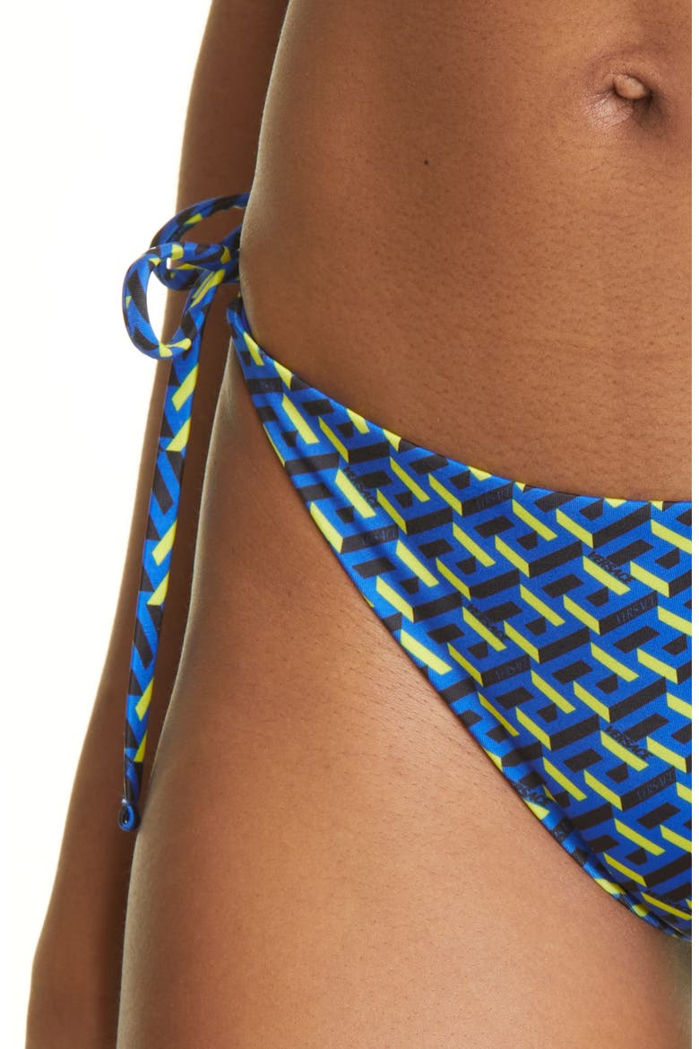La Greca Monogram Print Side Tie Bikini Bottoms, Alternate, color, 5U190 ROYAL BLUE YELLOW