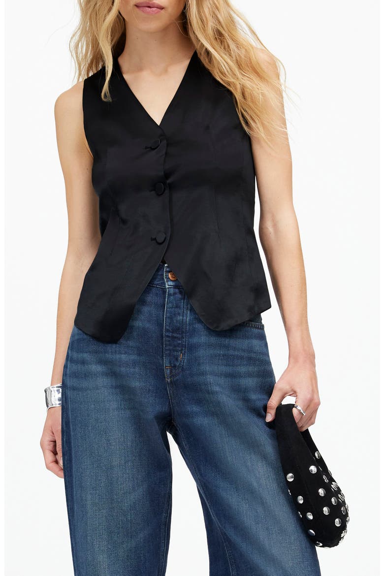 Button Front Satin Vest Top, Main, color, TRUE BLACK