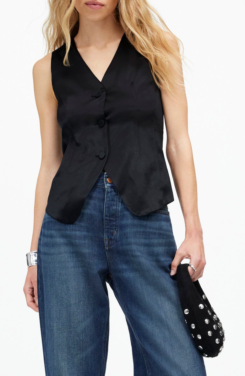 Madewell Button Front Satin Vest Top, Main, color, True Black