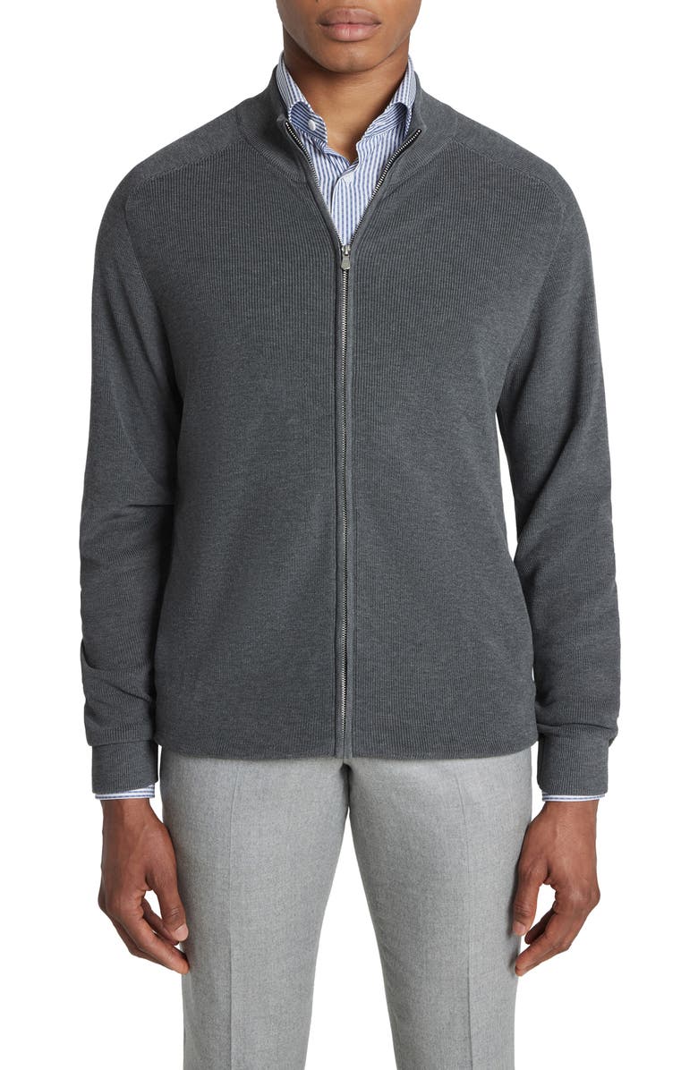 Jack Victor Murray Organic Cotton & Silk Zip Cardigan, Main, color, Charcoal
