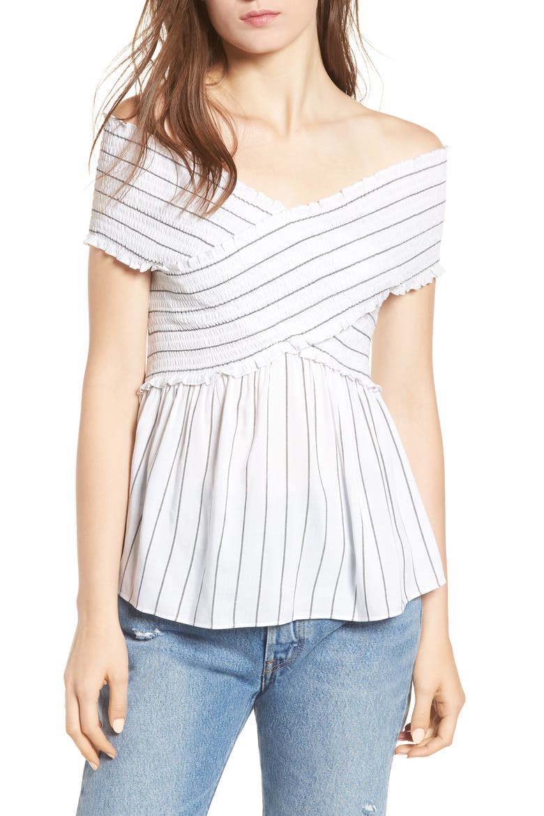 Stripe Off the Shoulder Top, Main, color, WHITE/ BLACK