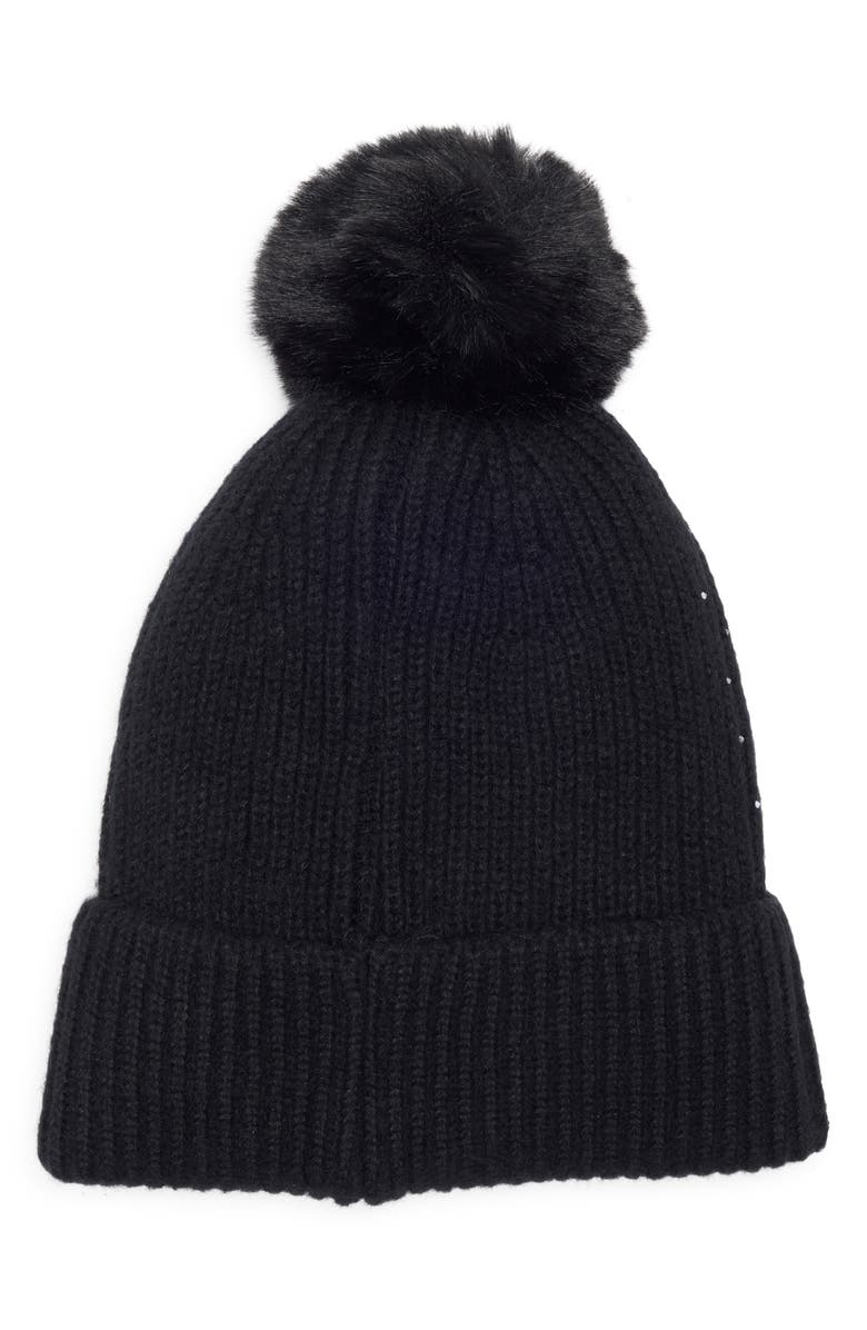 Nanette Lepore Scattered Embellished Faux Fur Pompom Beanie, Alternate, color, Black