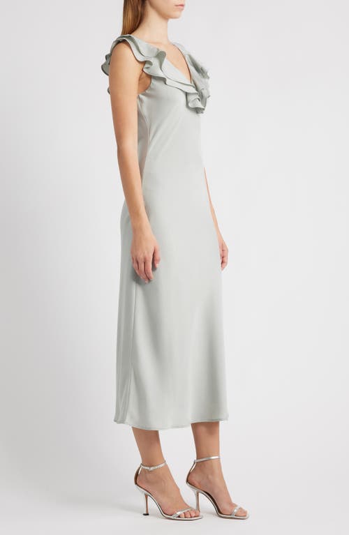 Wayf Lida Ruffle Cap Sleeve Satin Midi Dress In Gray