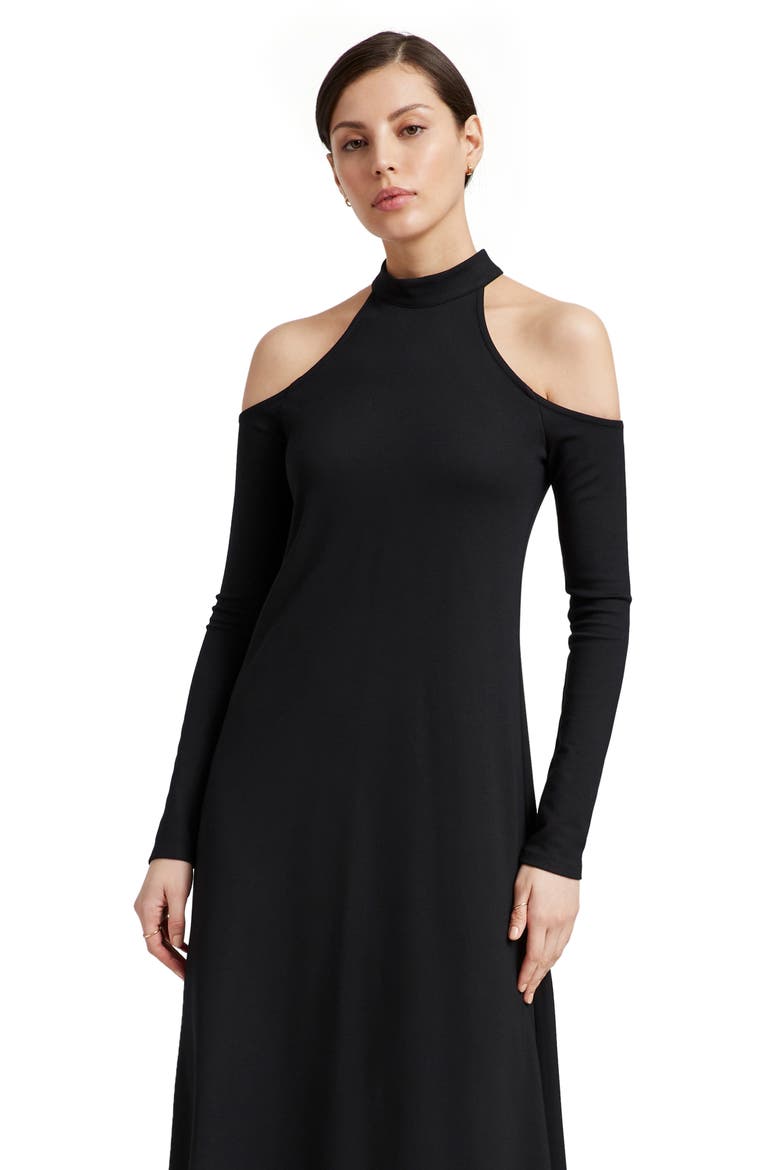 Kalene Cold Shoulder Long Sleeve High-Low Maxi Dress, Alternate, color, BLACK