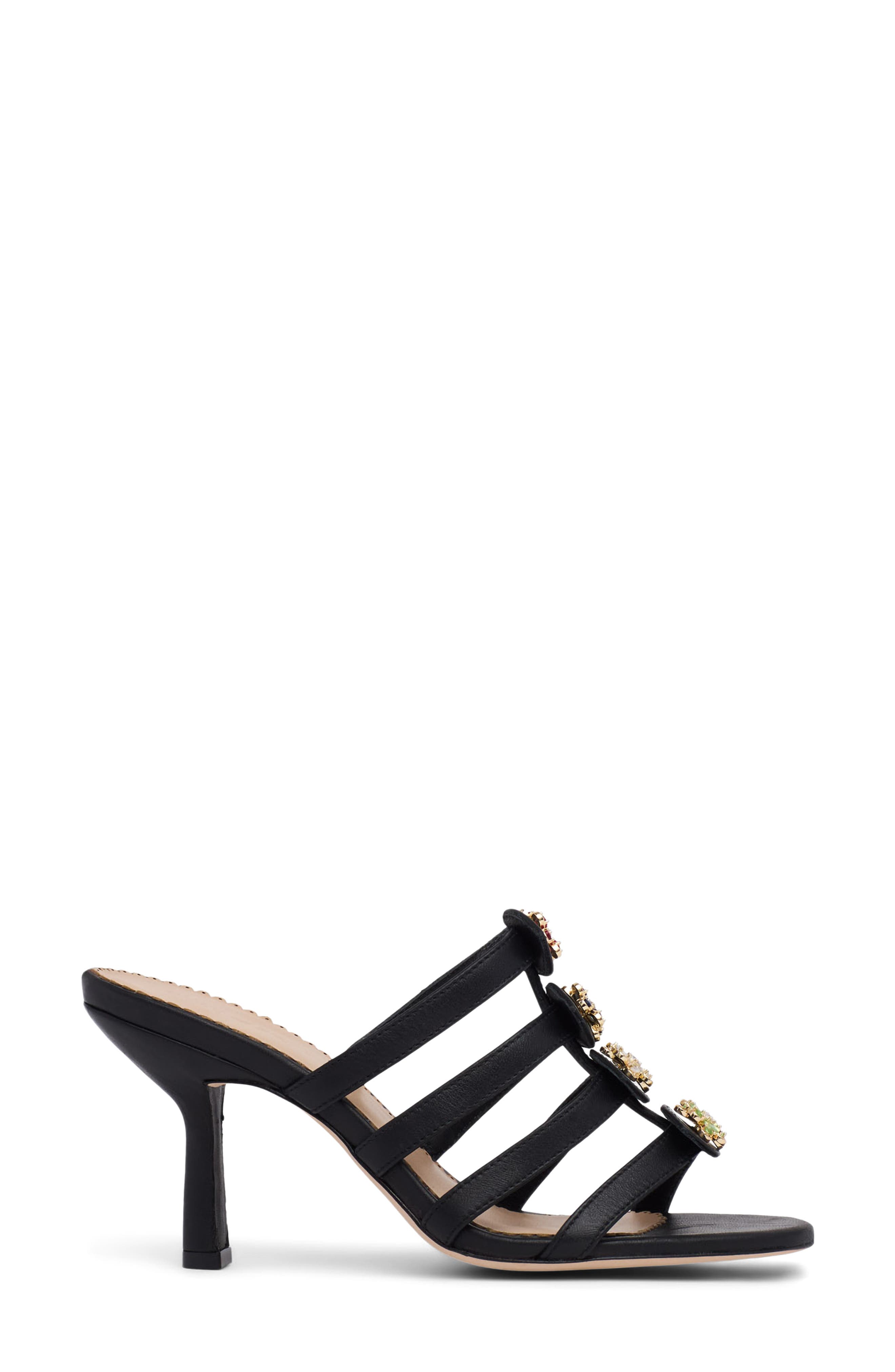 Cinq à Sept Emmy Crystal Flower Strappy Sandal, Alternate, color, Black