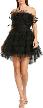 Mac Duggal Feathered Strapless Tulle Fit and Flare Dress