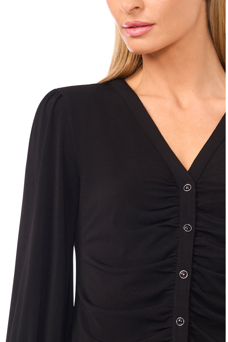 Shirred V-Neck Button-Up Shirt, Alternate, color, RICH BLACK
